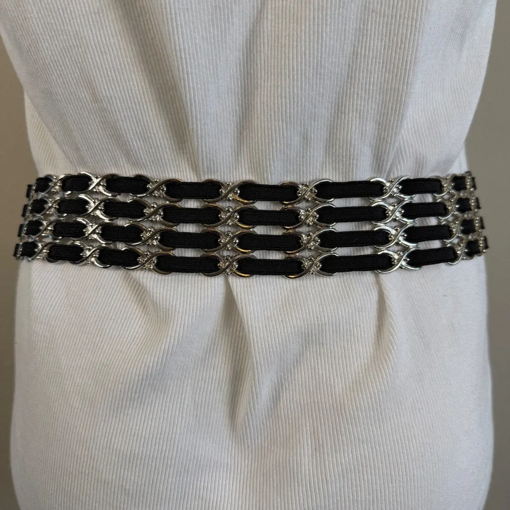 Chinese Laundry Black Elastic Chain Belt Stretch‎ Silver Hook S/M Y2K Glam